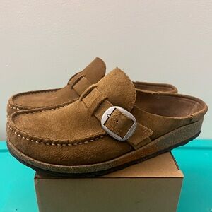 Birkenstock Brown Suede Mules with Silver Buckle